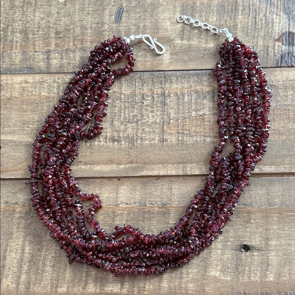 Genuine Garnet Multi Strand Necklace Sterling Silver Deep Red January Birthstone - Picture 4 of 8